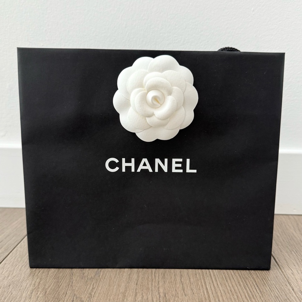 Chanel Boutique Small Black Paper Gift Shopping Bag White Camellia